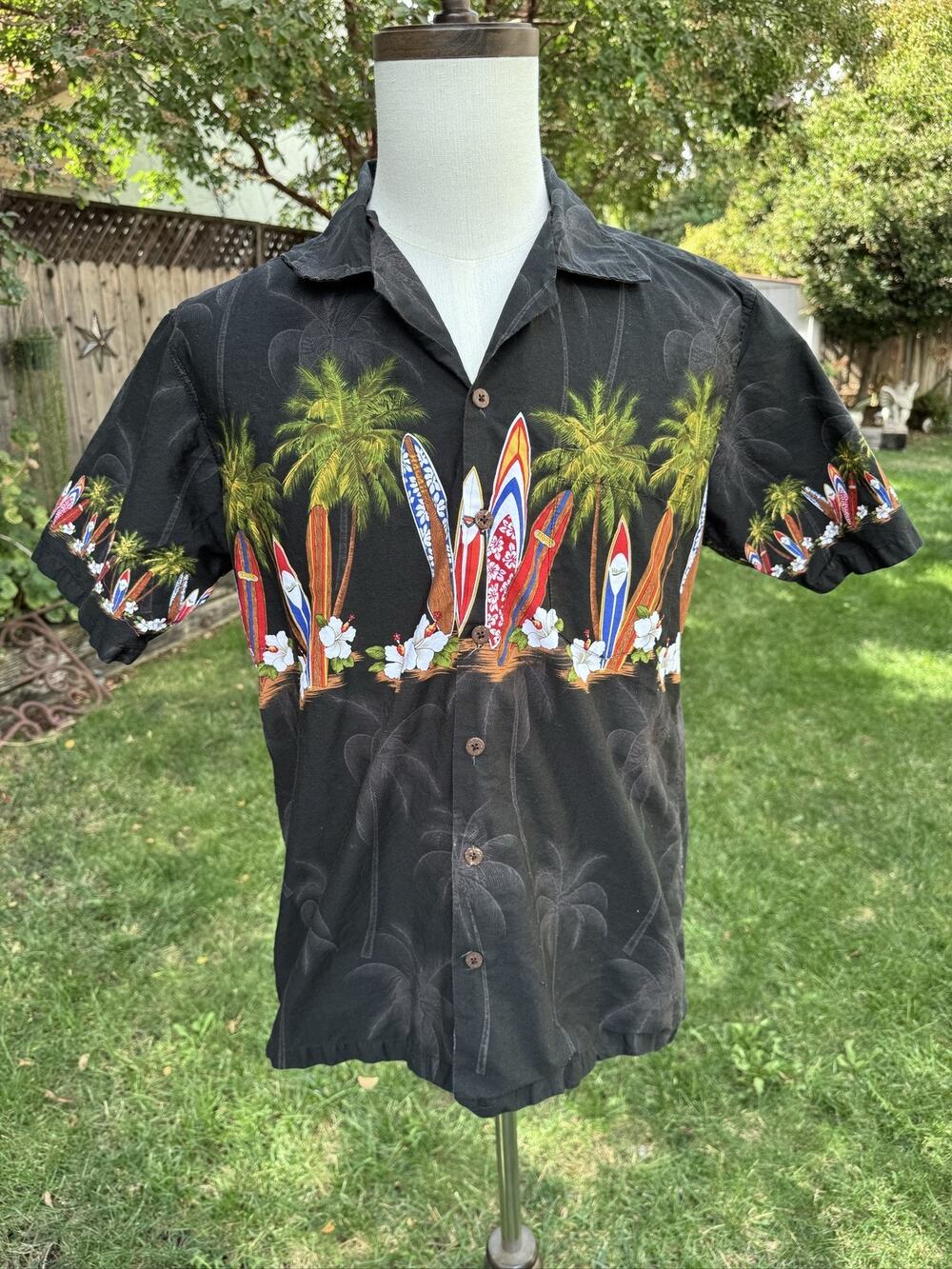 Paradise Style Hawaii Men's M Black Tropical Graphic Print Surf Board Shirt
